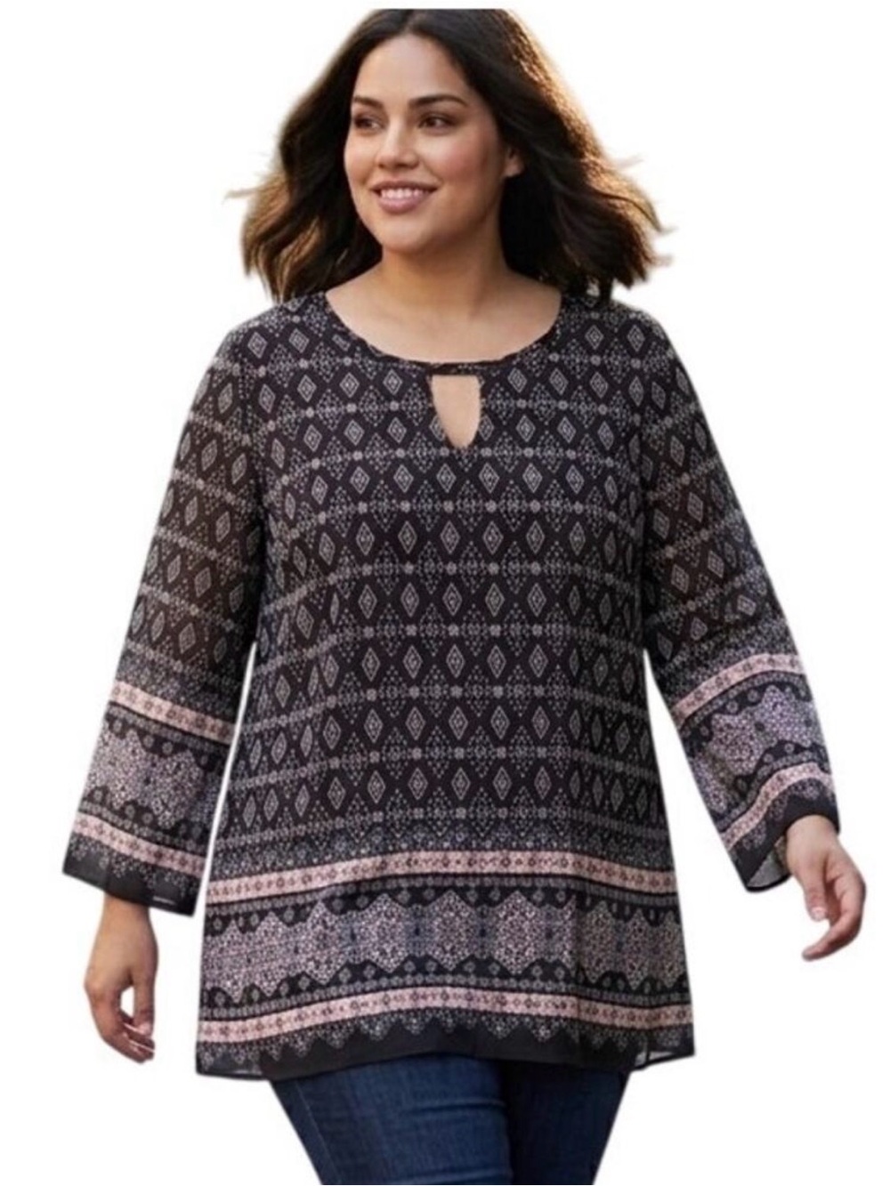 Avenue Boho Tunic Womens Size 1X Black Pink Western Tribal Border Top